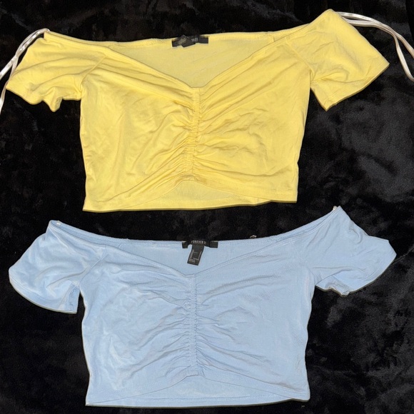 Forever 21 Tops - Forever 21 Yellow and Light Blue Ruched Off-Shoulder Crop Tops